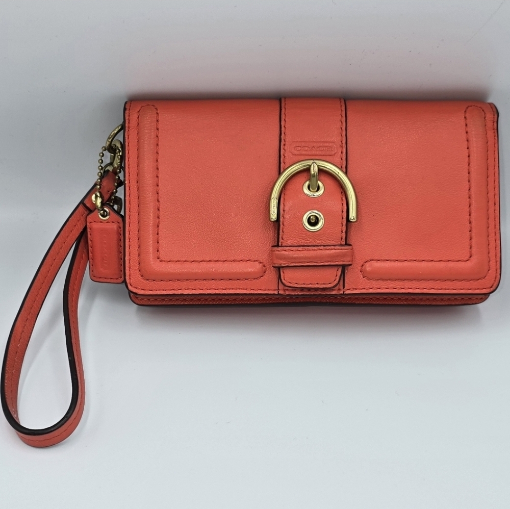 COACH Orange Leather Wristlet Buckle Clutch Bifold Wallet **